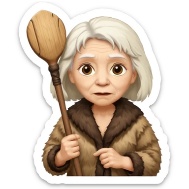 cute old woman Neanderthal with white hair, big eyes, and a club sticker