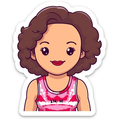 Artistic woman with fair skin, elongated face, abundant dark brown curly hair, large expressive almond brown eyes, full lips with soft red lipstick, wearing pink tie-dye tank top, maternal welcoming smile sticker