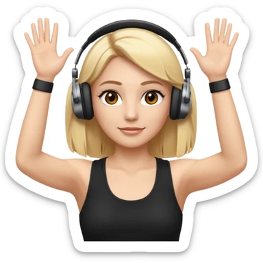 I want a white female dj animated gif emoji with long straight centre parting blonde hair, brown eye brows and putting hands up in the air. Wearing a black tight top with no sleeve. Also wearing DJ headphones  sticker
