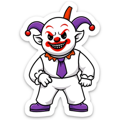 full-body demonic clown in a white leisure suit with bellbottom pants, bald, with black ram horns, flashy belt, ruffled shirt, no neck tie, large fangs in mouth sticker