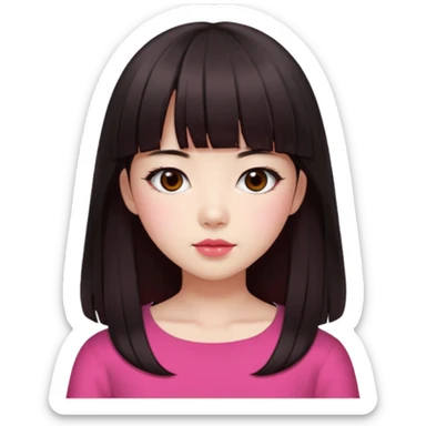 Korean girl, red top, black brown hair, brown eyes, long hair, cool girl, aesthetic, long hair, hime cut, blunt bangs, pink lips, pink cheek sticker