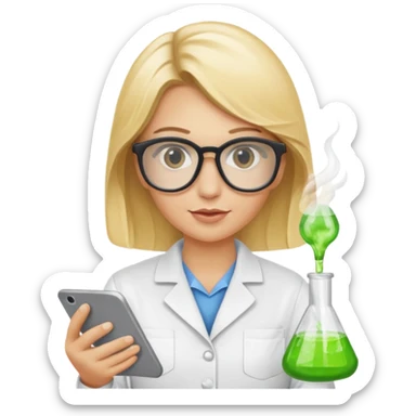 Eine hellblonde Chemikerin mit Kittel, großer Labor-Sicherheitsbrille und typischem Erlmeyerkolben in der Hand sticker