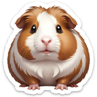 Cinematic Cute Brown and White Banded Guinea Pig Portrait Emoji, Head tilted playfully and inquisitively, showcasing a fluffy fur with playful brown and white banded patterns, round, sparkling dark eyes filled with curiosity, Simplified yet irresistibly adorable features, highly detailed, glowing with a warm, friendly glow, high shine, affectionate and spirited, stylized with a touch of whimsy, bright and endearing, soft glowing outline, capturing the essence of a mischievous yet loving guinea pig, so playful it feels like it could dash out of the screen and into your arms! sticker