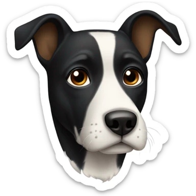 A medium-sized dog with a predominantly black coat and a white blaze on its chest and face. The dog has large, dark eyes and a long, pointed snout. The dog's ears are floppy and it has a gentle expression. sticker