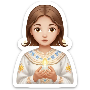 Ukrainian young girl with brown hair wearing a traditional white embroidered vyshyvanka shirt, holding a glowing ethereal light representing her soul sticker