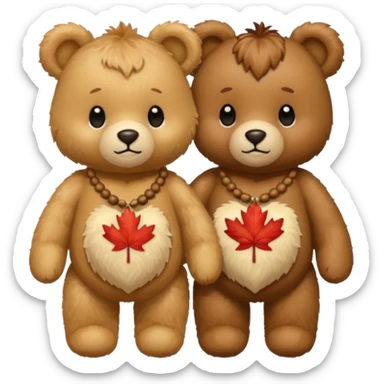 2 fluffy Teddy bears in love. One has an acorn necklace and the other has a maple leaf necklace  sticker