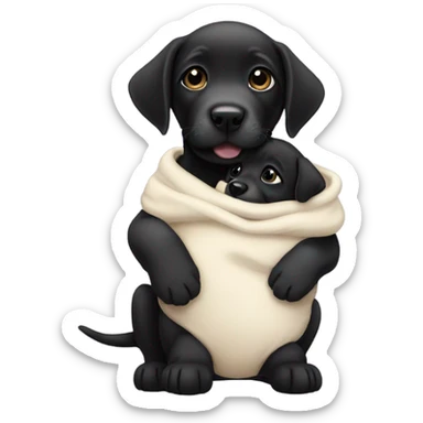 Black Labrador puppy holding a baby sticker