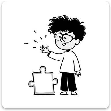 hand-drawn genius boy with wild hair, glasses, and a puzzle piece symbol sticker