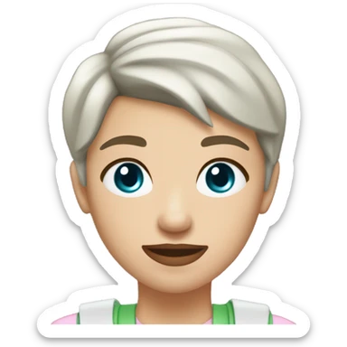 A brunette girl with a pixie cut, she has light pink lips, is white, and has hazel blue eyes. she wears a light green shirt, a white vest over, and a light red choker. She is a field medic sticker