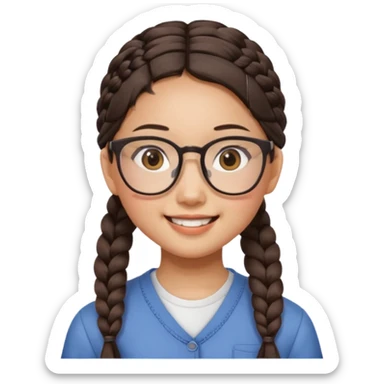 Asian girl, 14, side braid, square glasses, face tilted, loud smile sticker