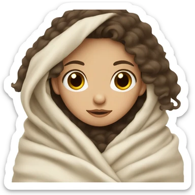 Pale girl with wavy dark hair brown eyes wrapped in a blanket cozy  sticker