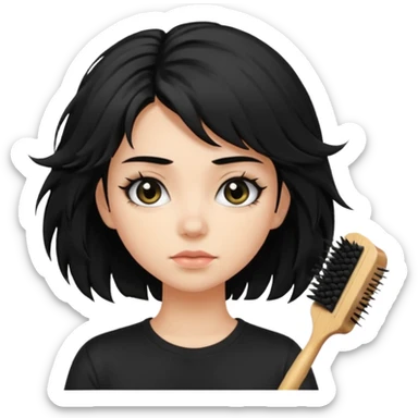 a pretty bratz fair girl with messy shaggy black hair with mascara smudged wearing a tight black tee with a hair brush stuck in hair sticker