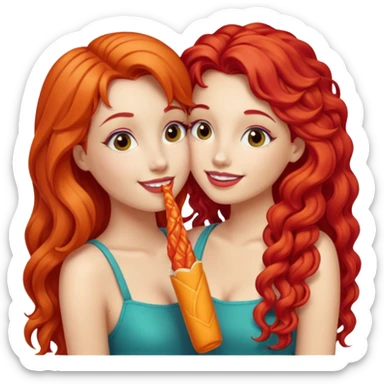 two girls kissing, one with long straight hot cheeto  red hair, the other with long curly blonde hair sticker