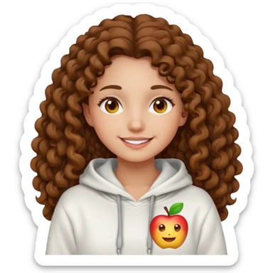 Una ragazza con una felpa semplice bianca,ha gli occhi marroni,i capelli marroni  , c’è gli ha lunghi e ricci  e ha le ciglia lo stile dell immagine deve essere  stile emoji apple sticker