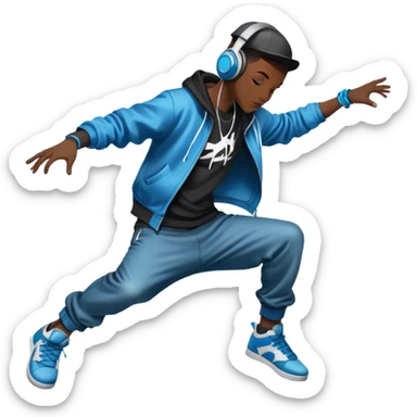 Icon for Street Dance: a dancer in urban streetwear performing a dynamic breakdance move, with a spray-painted background and headphones. The icon should represent the energy, style, and creativity of street dance culture. Transparent background. sticker