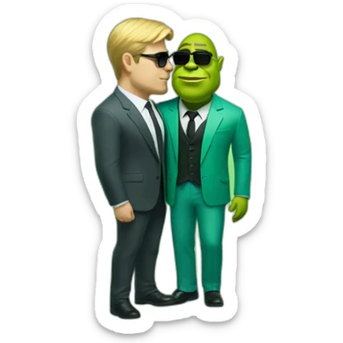 shrek kissing with white-guy-in-gradient-green-blue-suit-with-blonde-hair-and-black-sunglasses-standing-with-black-shoes sticker