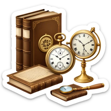 Icon for Antiques Collecting: antique carved  table, a vintage pocket watch and a porcelain figurine, all placed on a wooden antique carved table surrounded by aged books and a magnifying glass. The icon should evoke the elegance and history of antique collecting. Transparent background. sticker