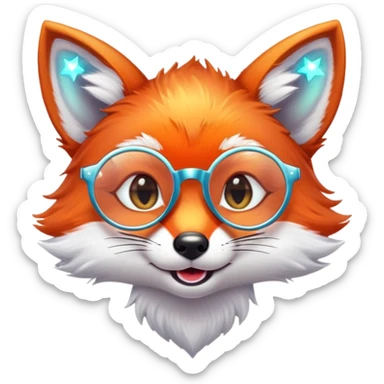 A sly fox with iridescent fur, a glowing tail, a silver star on its forehead, and round glasses, giving a mischievous smirk sticker