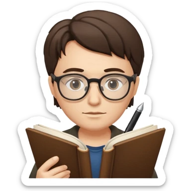 writer holding pen and book, wearing glasses sticker