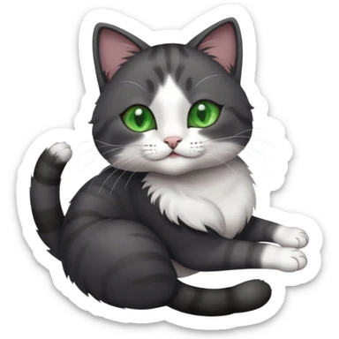 beautiful female solid dark grey cat with green eyes, white toes/paws and white patch on her chest rolling upside down sticker