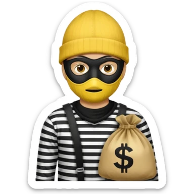 yellow robber wears black eye mask, black beanies and black and white stibes shirt with one brown money bag beside him sticker