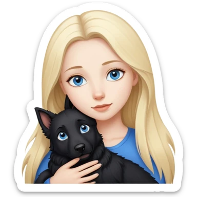 pretty woman with pale skin and who has BLUE eyes and very long blonde hair and is  hugging a black shepherd dog. The dog has brown eyes but the woman has blue eyes.  sticker