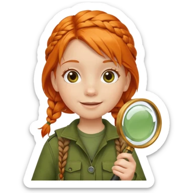 braid orange haired girl kid in moss green explorer outfit, holding magnifying glass, smile sticker