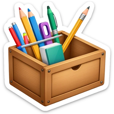 small box of teaching supplies with a pencil, ruler, and markers sticking out sticker