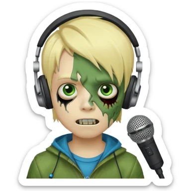 boy zombie whit blonde emo hair and eyes blue and GREEN SKIN and heandphones AND A MICROFONE AND GOLD TEETH  sticker