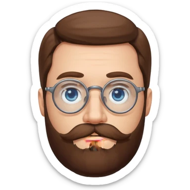 White man with blue eyes, long brown hair, large round glasses, mustache and beard sticker