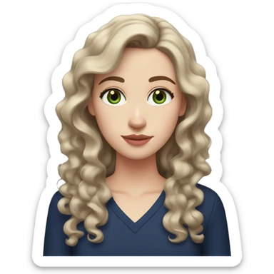 A pale white girl with curly brown hair that reaches down to her chest, her hairstyle parted in the middle, grayish green eyes with a mole next to her left eye and wearing a navy blue shirt and natural pink lips. sticker