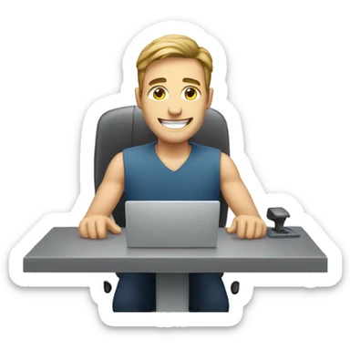 a white man work at desk see a monitor is smiling  sticker