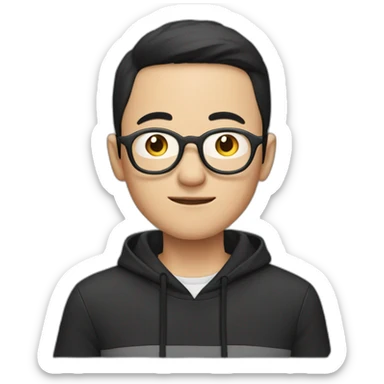 A mature Chinese boy with black hair and circle-shaped eyeglasses wearing black hoodie sticker