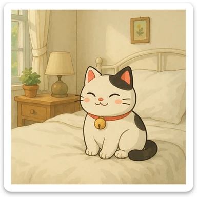 White and black Chinese lucky cat in a cozy white bedroom, kawaii  sticker