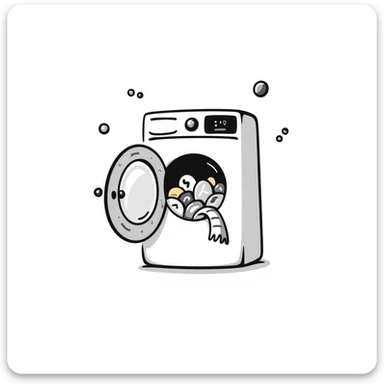 playful hand-drawn doodle of a washing machine with colorful bubbles and clothes peeking out sticker