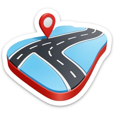 3D navigation map icon, simple curved road, location pin, smooth rounded shapes, Waze style, blue white and black colors, small red accents, clean minimal design, no background sticker
