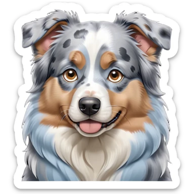 Cinematic Grumpy Tan Point Blue Merle Australian Shepherd Portrait Emoji, Head tilted slightly with a deeply unimpressed expression, thick blue merle fur with bold tan points and subtle white markings, large, droopy blue eyes narrowed into an unamused glare, ears drooping in exasperation, Simplified yet comically expressive features, highly detailed, glowing with a dry, sarcastic glow, high shine, effortlessly judgmental yet dignified, stylized with a touch of cynicism, bright but brooding, soft glowing outline, capturing the essence of an eternally unimpressed yet endearing pup, so lifelike it feels like it could sigh heavily at you in disdain at any moment! sticker