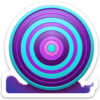 Symbolic bullseye target emoji, flat design, concentric circles, neon purple & cyan glow, holographic, digital tech, abstract sparkles, dark background, no realistic texture sticker