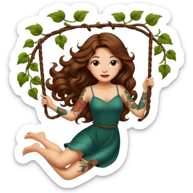ccute woman long wavy brown hair tattoos swinging on vine sticker