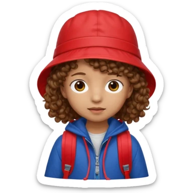 Little student brown curly hair, wears red bucket hat and jacket, backpack, shy sticker