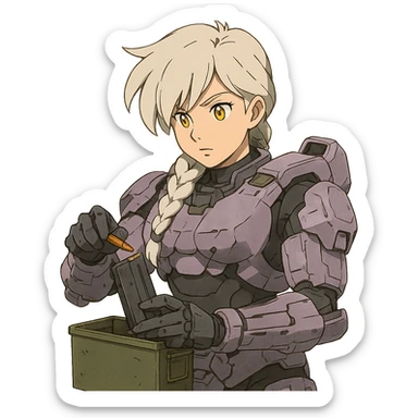 female, wearing reach spartan armor default, long white braid hair with massive messy front side single bangs, gold yellow eyes, attention pose, HALO:series, no helmet, the armor is lavender color scheme, shoulder pad off. DDD bust size fitting. Punk gothic cyberpunk, loading a magazine from a green ammo box sticker