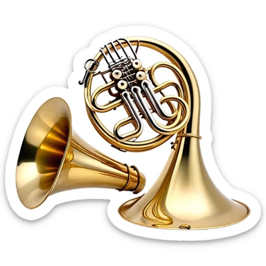 Create a refined and elegant emoji representing the Arnolds & Sons AHR-350 French horn. The design should feature the instrument's beautifully coiled brass body with its distinct flared bell, showcasing the high-quality craftsmanship. Include delicate details like the tuning valves, finger buttons, and elegant brass finish. Add subtle musical notes around the horn to symbolize its melodic sound. Use warm golden and brass tones to convey the luxury and professional quality of the instrument. The background should be transparent sticker