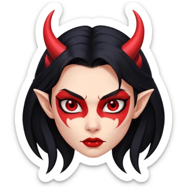 Head demon girl, strong pronounced cheekbones, sharp angular jawline, skin red everywhere, long straight sleek black hair, small horns sticker