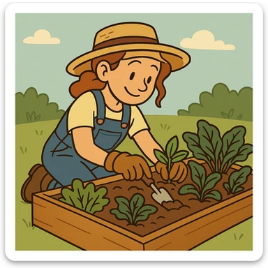 Change the woman's outfit to overalls and a straw hat in a flat toon style. sticker