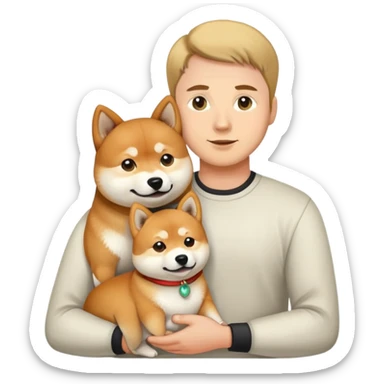 A man and a woman holding a Shiba Inu sticker
