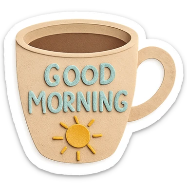 coffee cup with 'Good Morning' pastel handwritten text and sun doodle, transparent background sticker