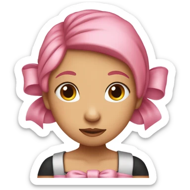 create a girl with pink hair and a bow. The girl should be hugging herself, the girl has her eyes covered and her head lowered sideways on her shoulder sticker