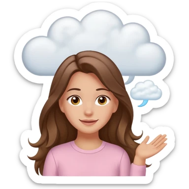 happy white long brunette hair girl with hazel eyes in light pink with white cloud thought bubble sticker