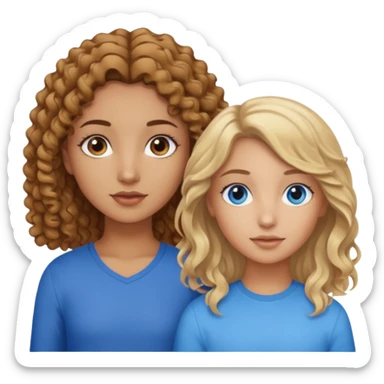 Tan girl with brown curly hair and brown eyes next to a tan girl with straight blonde hair and blue eyes sticker