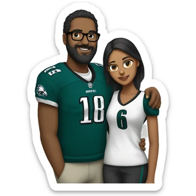 Brown guy with beard mustache and brown girl with glasses and her hair in a bun in Philadelphia eagles clothes holding hands sticker